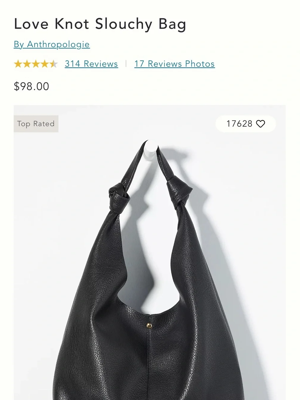Anthropologie Black Slouchy Hobo with Knotted Strap